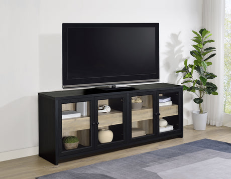 Denison 79" TV Stand & Entertainment Center with Media Towers - Glass Doors & Hidden Drawers in Black - lifestyle