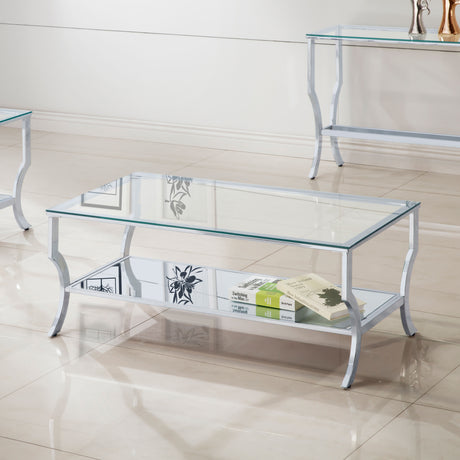 Saide Glass Top Coffee Table, End Table & Console Table - Curved Polished Chrome Legs with Lower Glass Shelf – view 1