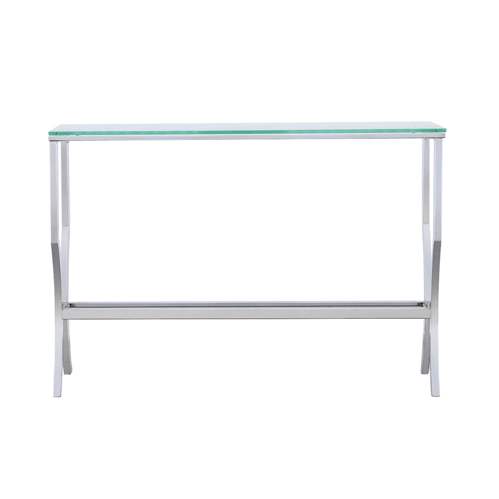 Saide Glass Top Coffee Table, End Table & Console Table - Curved Polished Chrome Legs with Lower Glass Shelf – view 19