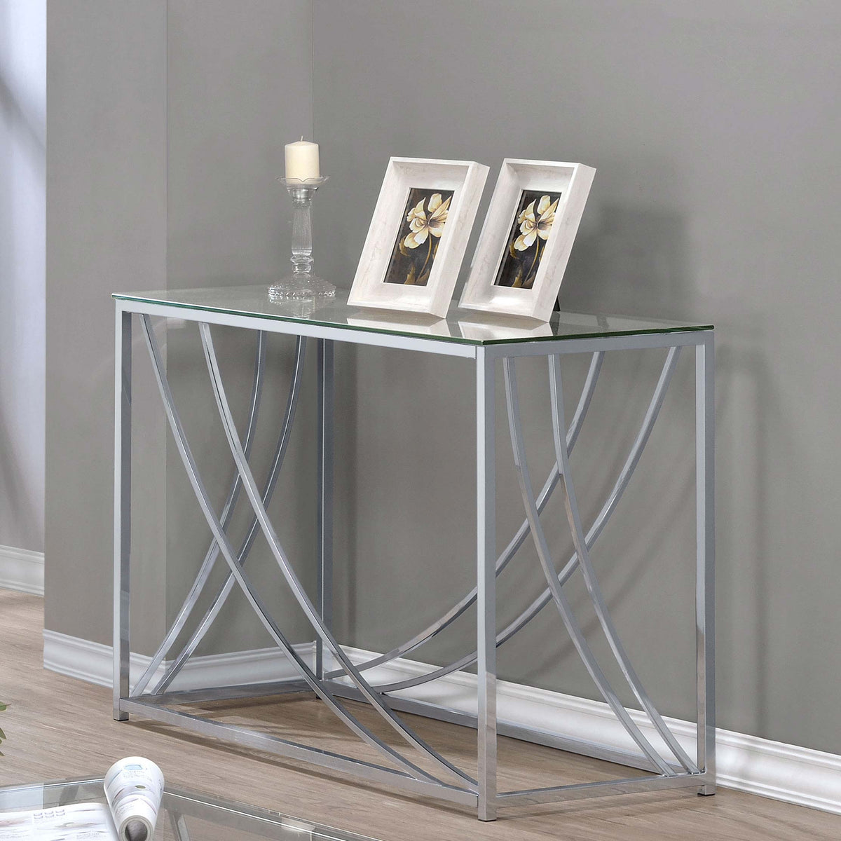 Lille Glass Top Coffee Table, End Table & Console - Curved Polished Chrome Frame, Contemporary Sets – view 15