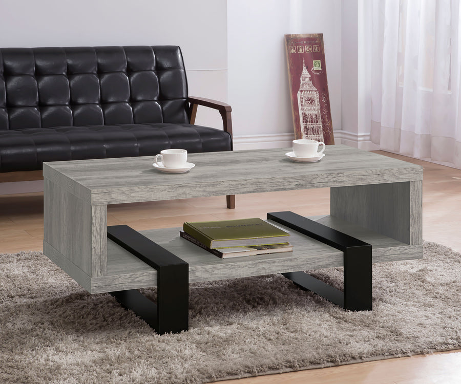 Dinard 47" Coffee Table - Grey Driftwood with Open Shelf & Black Metal Supports