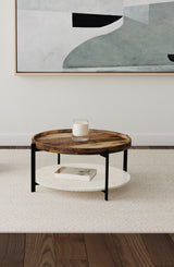 Adhvik 30" Round Coffee Table - Recessed Mango Wood Top, White Marble Shelf & Black Iron Legs – view 1