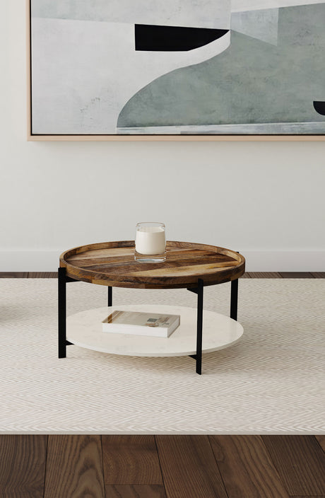 Adhvik 30" Round Coffee Table - Recessed Mango Wood Top, White Marble Shelf & Black Iron Legs – view 1