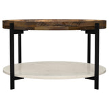 Adhvik 30" Round Coffee Table - Recessed Mango Wood Top, White Marble Shelf & Black Iron Legs – view 3