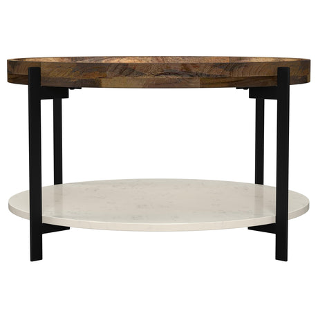 Adhvik 30" Round Coffee Table - Recessed Mango Wood Top, White Marble Shelf & Black Iron Legs – view 3