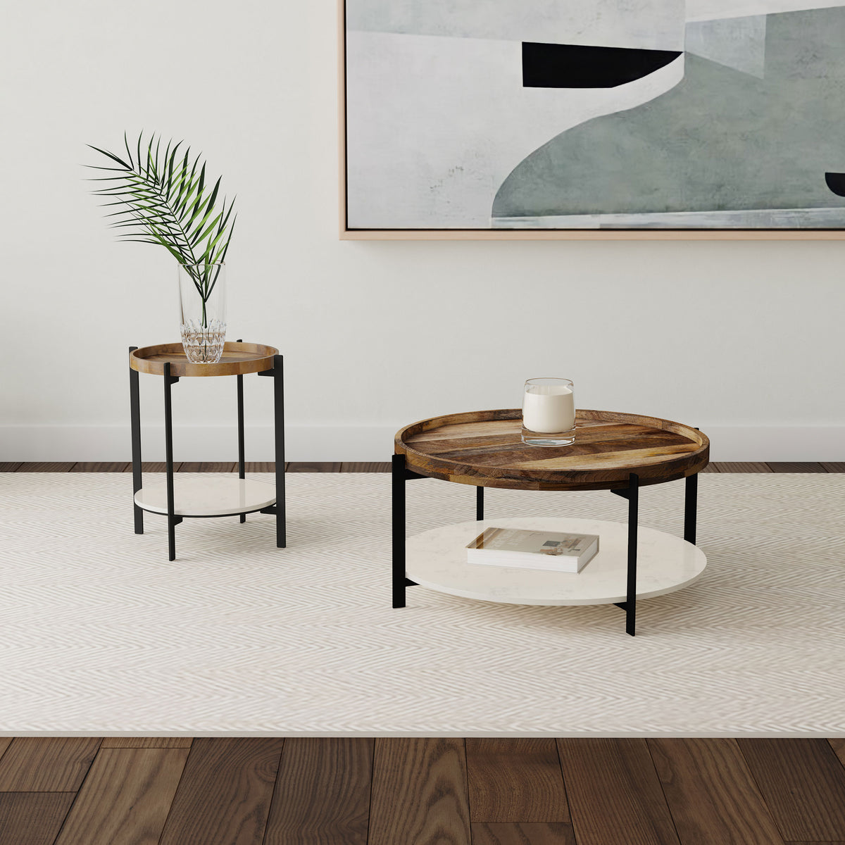 Adhvik 30" Round Coffee Table - Recessed Mango Wood Top, White Marble Shelf & Black Iron Legs – view 6