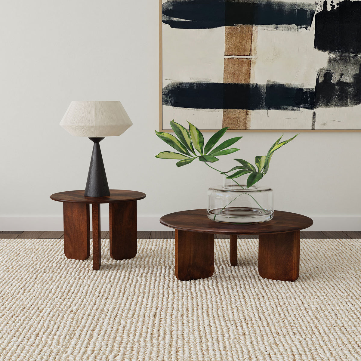 Dale Round Solid Mango Wood Coffee & End Tables - Mid-Century Angled Slab Legs in Brown – view 9
