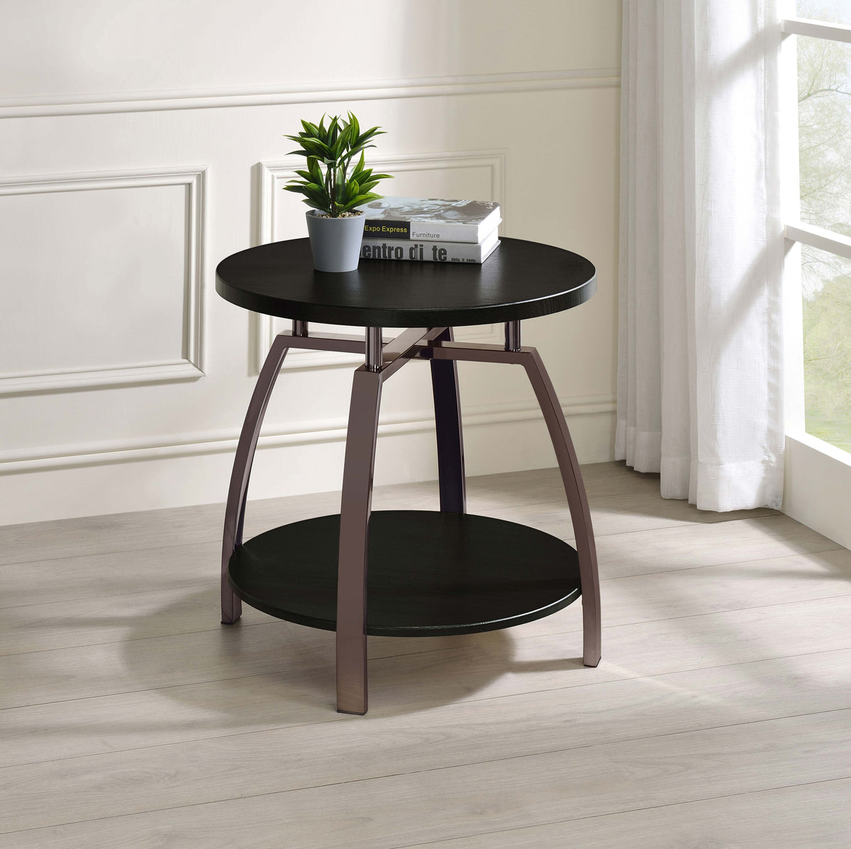 Dacre Round Two-Tier Coffee & End Table Sets - Dark Charcoal Top with Curved Black Nickel Legs – view 1
