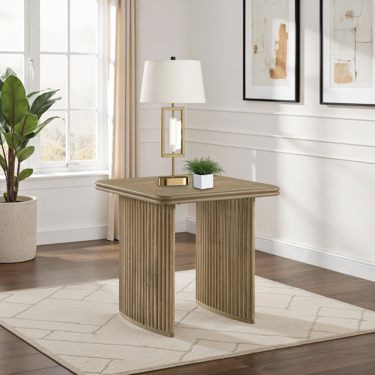Adina Reeded Pedestal Coffee Table & End Table Sets - Sculptural Distressed Light Brown Wood – view 2