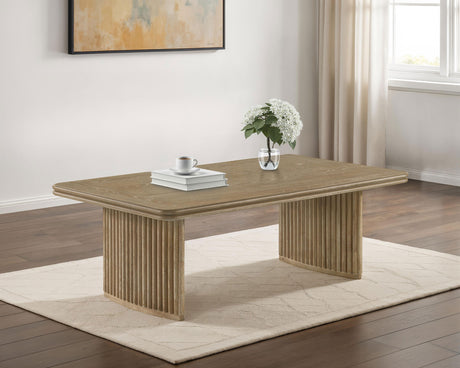 Adina Reeded Pedestal Coffee Table & End Table Sets - Sculptural Distressed Light Brown Wood – view 1