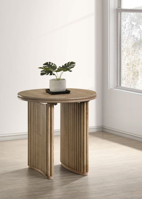 Adina Round Coffee & End Tables - Reeded Pedestal Base in Distressed Light Brown – view 12