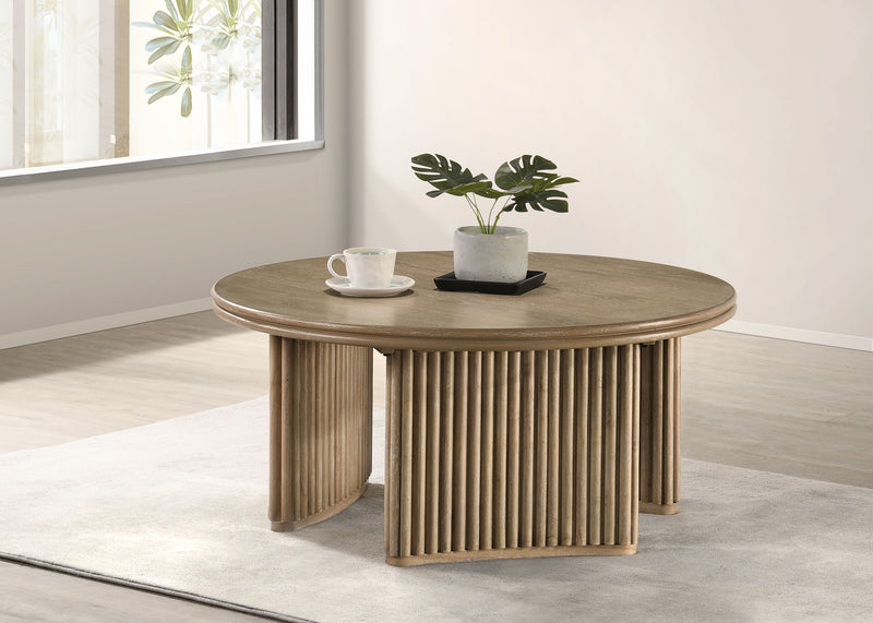Adina Round Coffee & End Tables - Reeded Pedestal Base in Distressed Light Brown