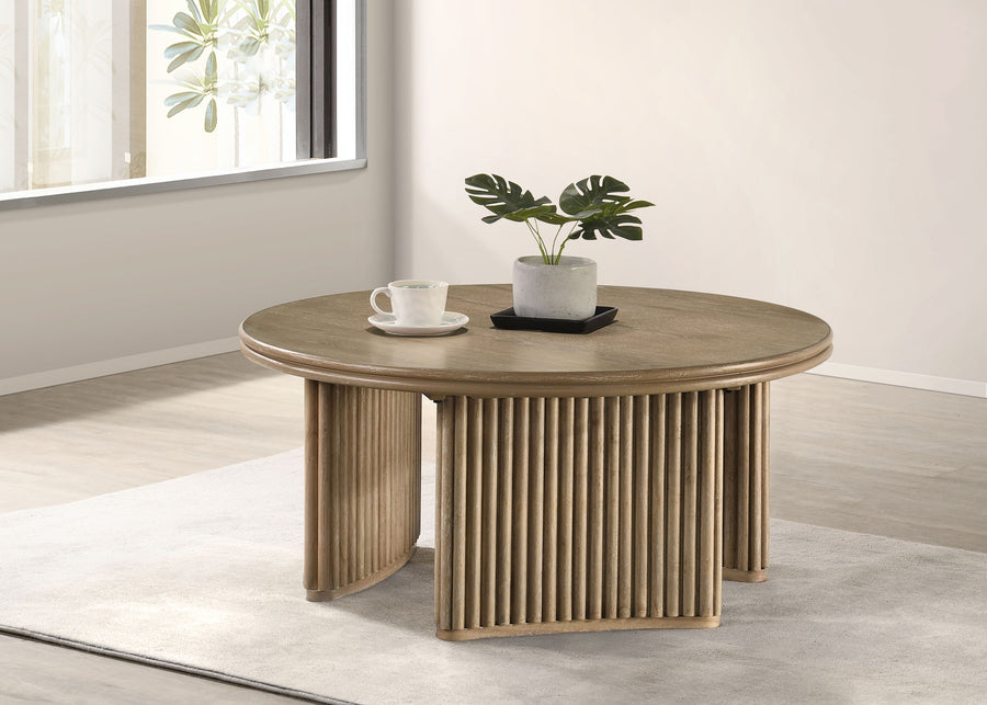 Adina Round Coffee & End Tables - Reeded Pedestal Base in Distressed Light Brown