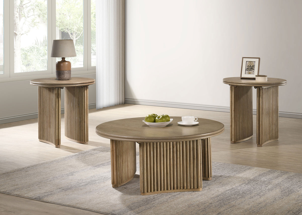 Adina Round Coffee & End Tables - Reeded Pedestal Base in Distressed Light Brown – view 11