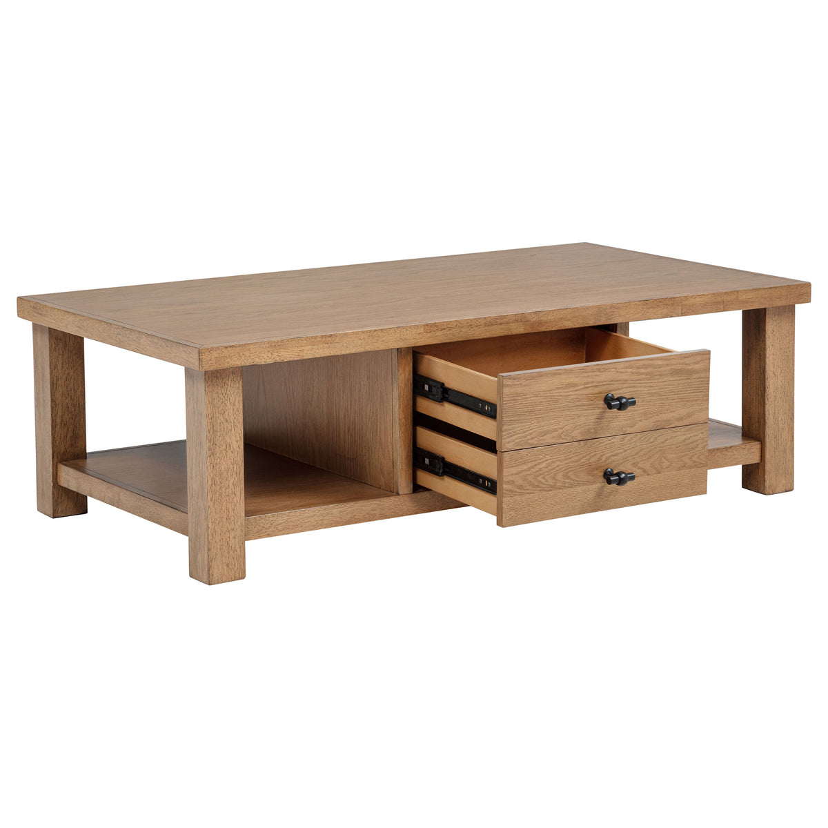 Beasley Coffee Table, Console & End Table - 2-Drawer Storage with Open Shelf in Golden Oak – view 4