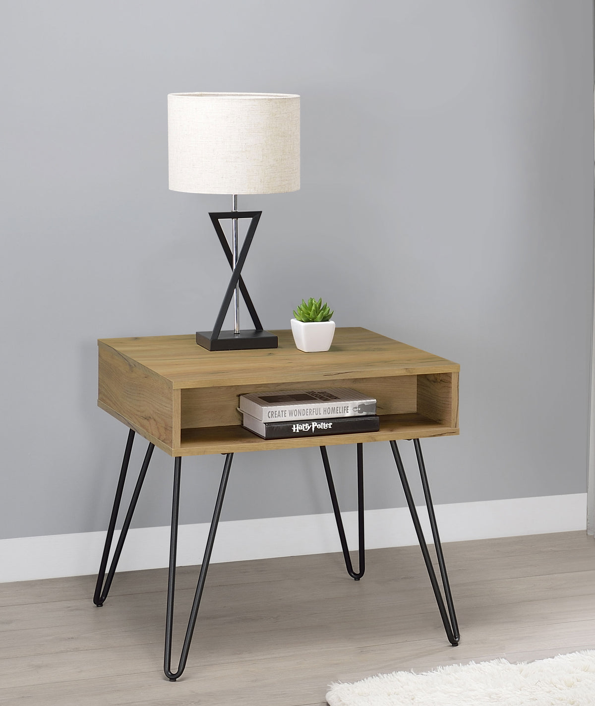 Fanning Lift-Top Coffee Table & End Table - Golden Oak with Black Hairpin Legs – view 2