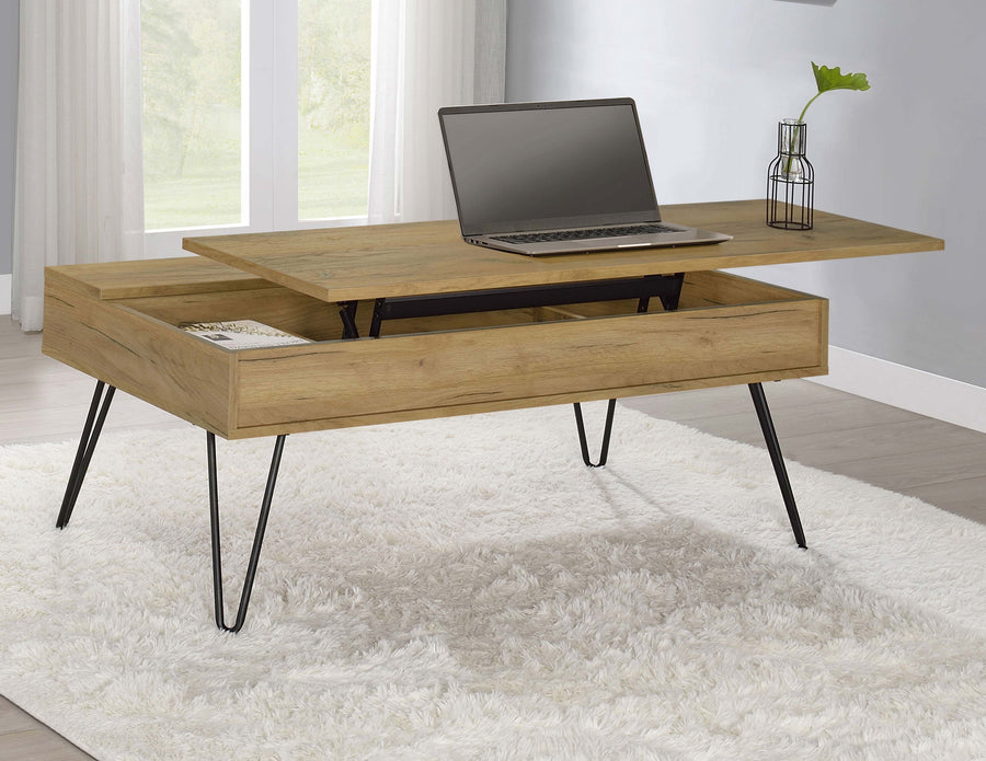 Fanning Lift-Top Coffee Table & End Table - Golden Oak with Black Hairpin Legs