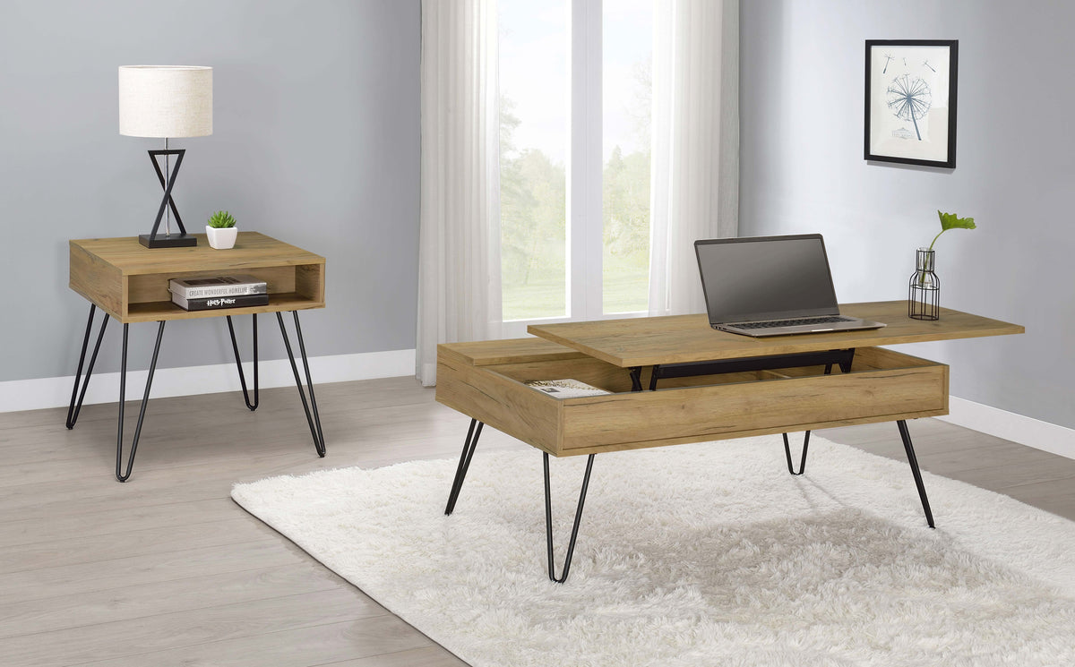 Fanning Lift-Top Coffee Table & End Table - Golden Oak with Black Hairpin Legs – view 9