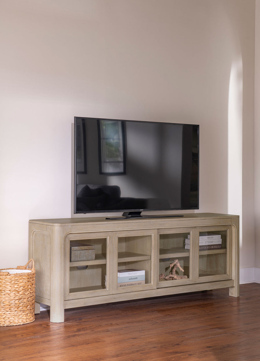 Solano 71" Arched TV Stand Media Console - Weathered Mango with Sliding Glass Doors
