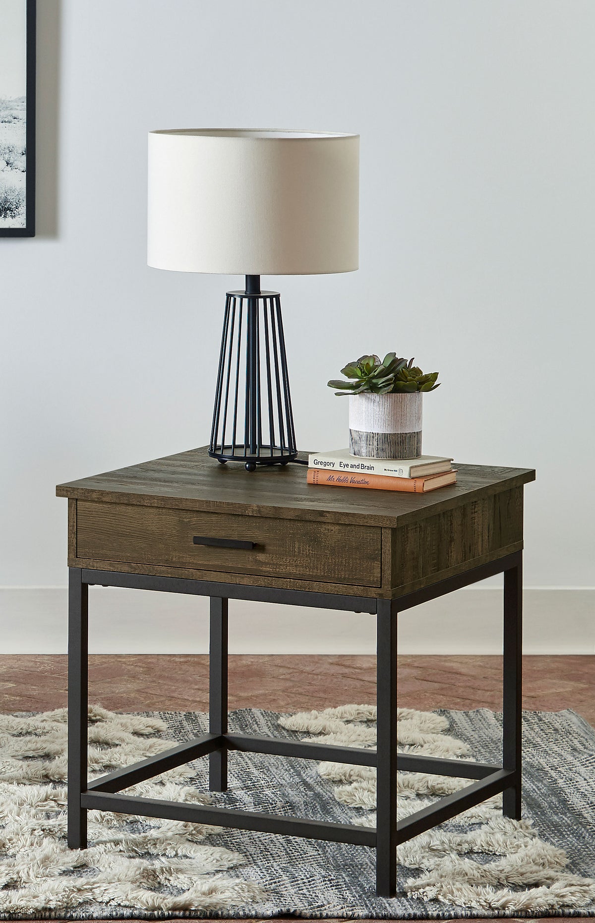 Byers Lift-Top Coffee Table & End Table - Rustic Brown Oak with Sandy Black Metal Base – view 8