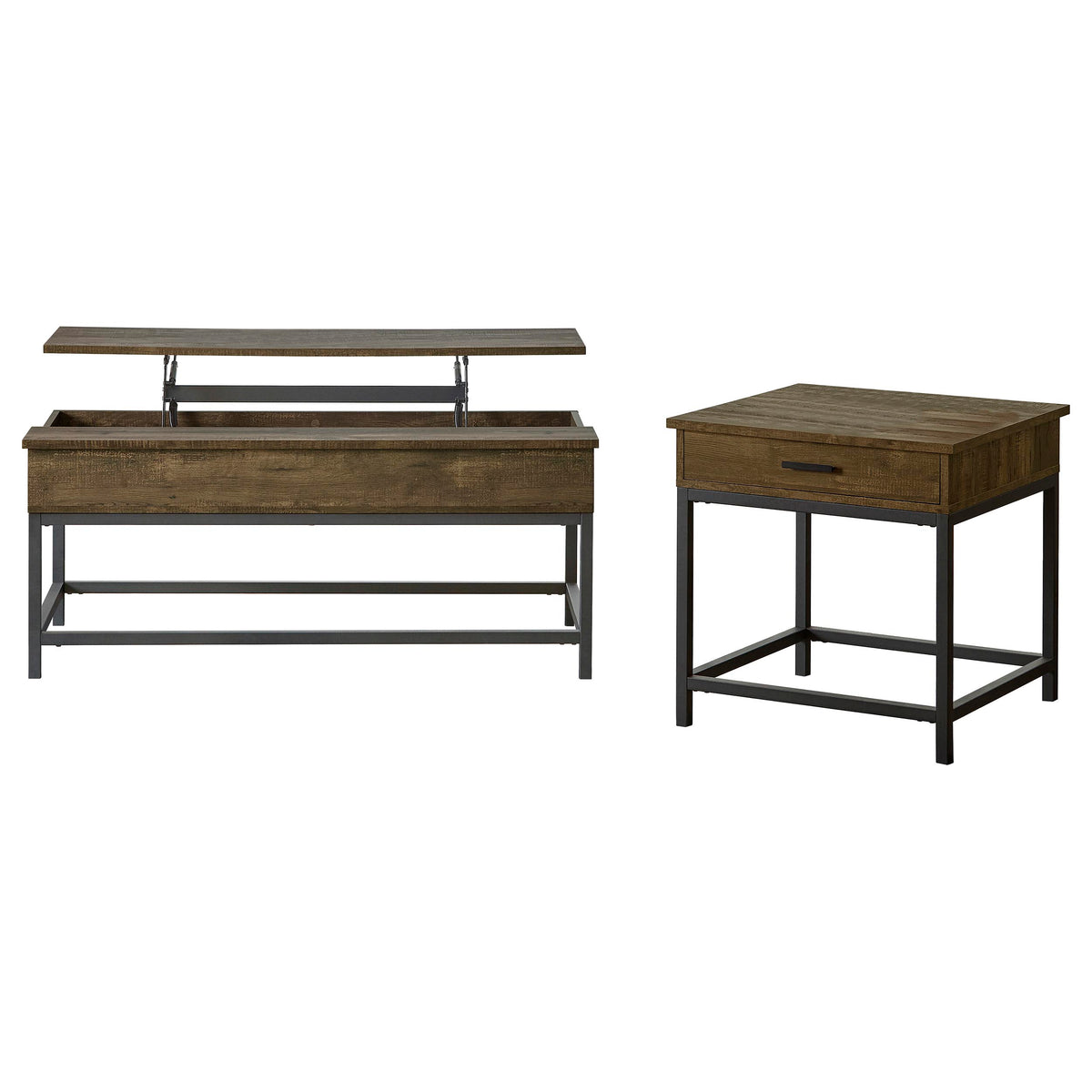 Byers Lift-Top Coffee Table & End Table - Rustic Brown Oak with Sandy Black Metal Base – view 11