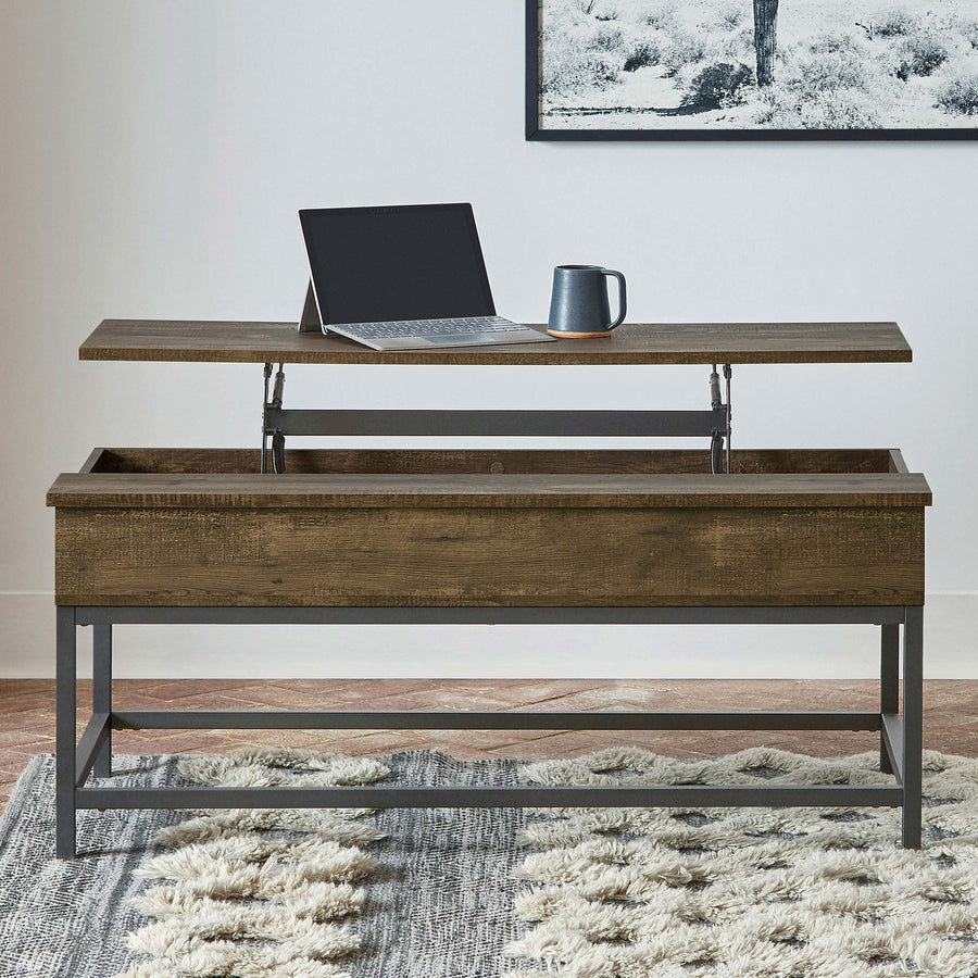 Byers Lift-Top Coffee Table & End Table - Rustic Brown Oak with Sandy Black Metal Base