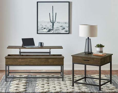 Byers Lift-Top Coffee Table & End Table - Rustic Brown Oak with Sandy Black Metal Base – view 7