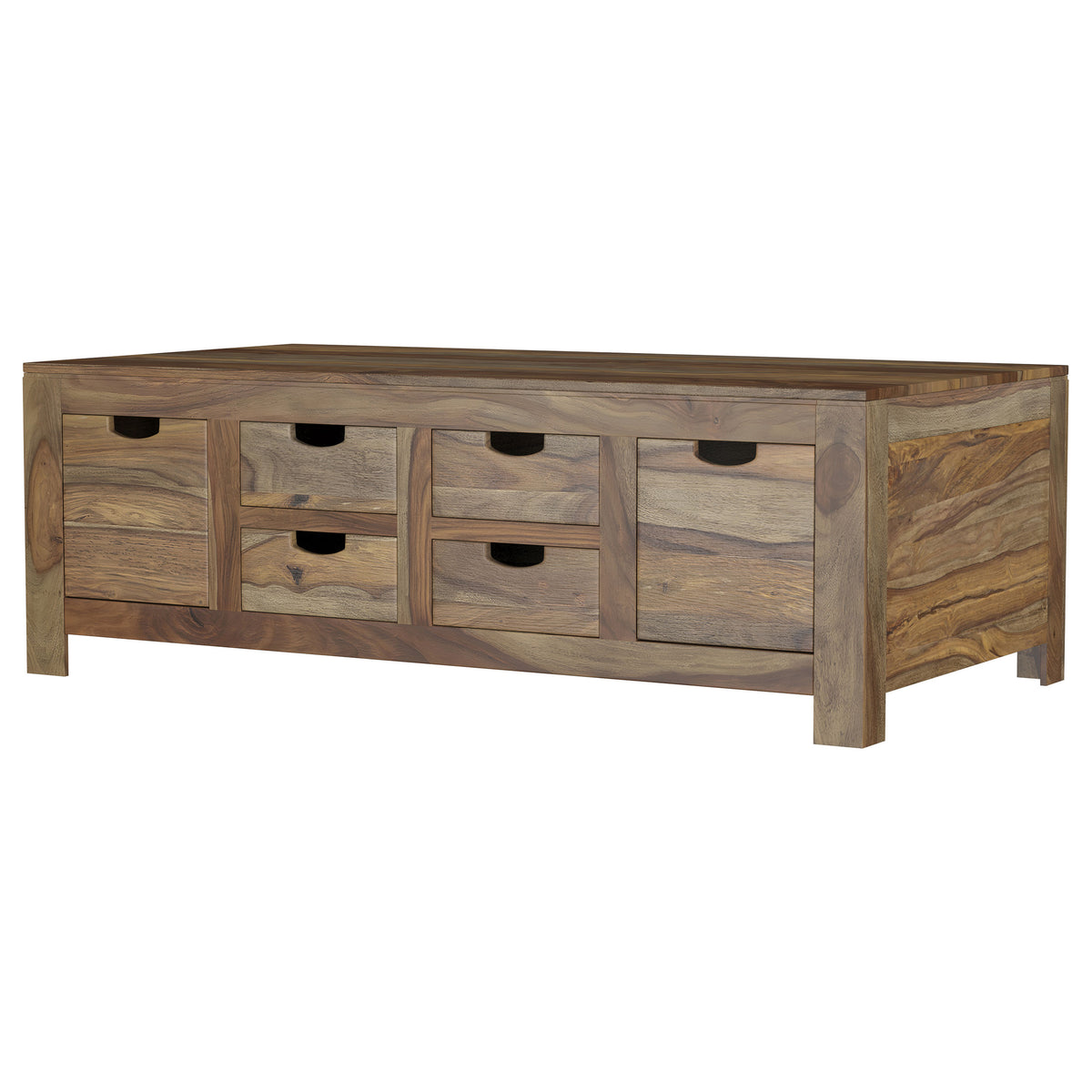Esther 6-Drawer Solid Sheesham Wood Coffee Table - Rustic Natural Finish with Cut-Out Handles – view 5