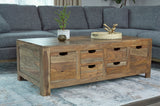 Esther 6-Drawer Solid Sheesham Wood Coffee Table - Rustic Natural Finish with Cut-Out Handles – view 2