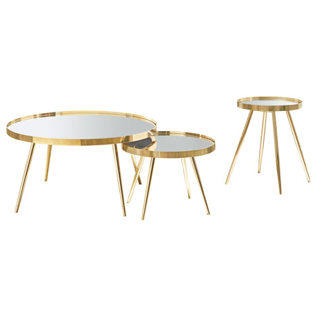 Kaelyn Round Mirror Top Nesting Coffee Table & End Table Sets - Glam Gold Metal Frame – view 11