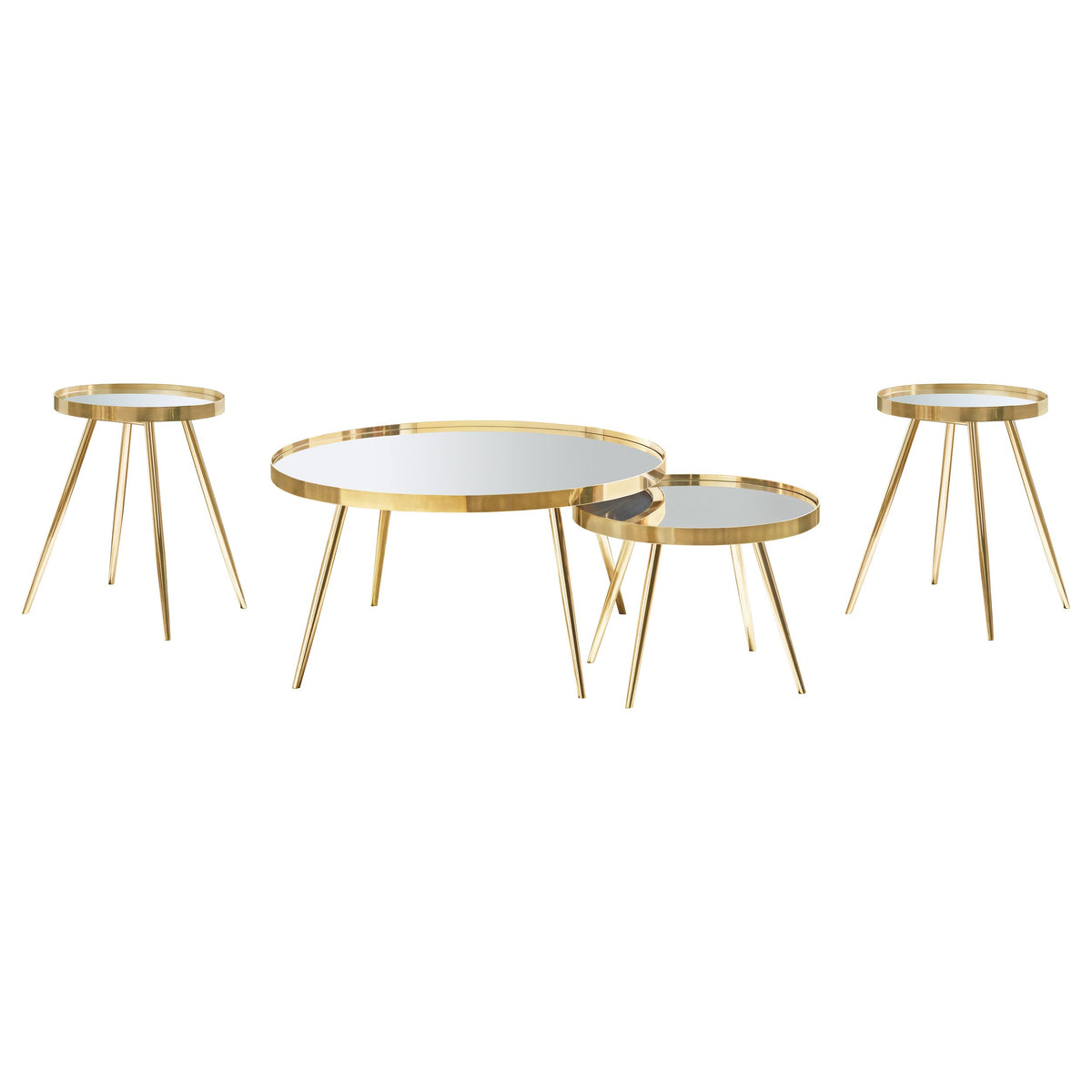 Kaelyn Round Mirror Top Nesting Coffee Table & End Table Sets - Glam Gold Metal Frame – view 16
