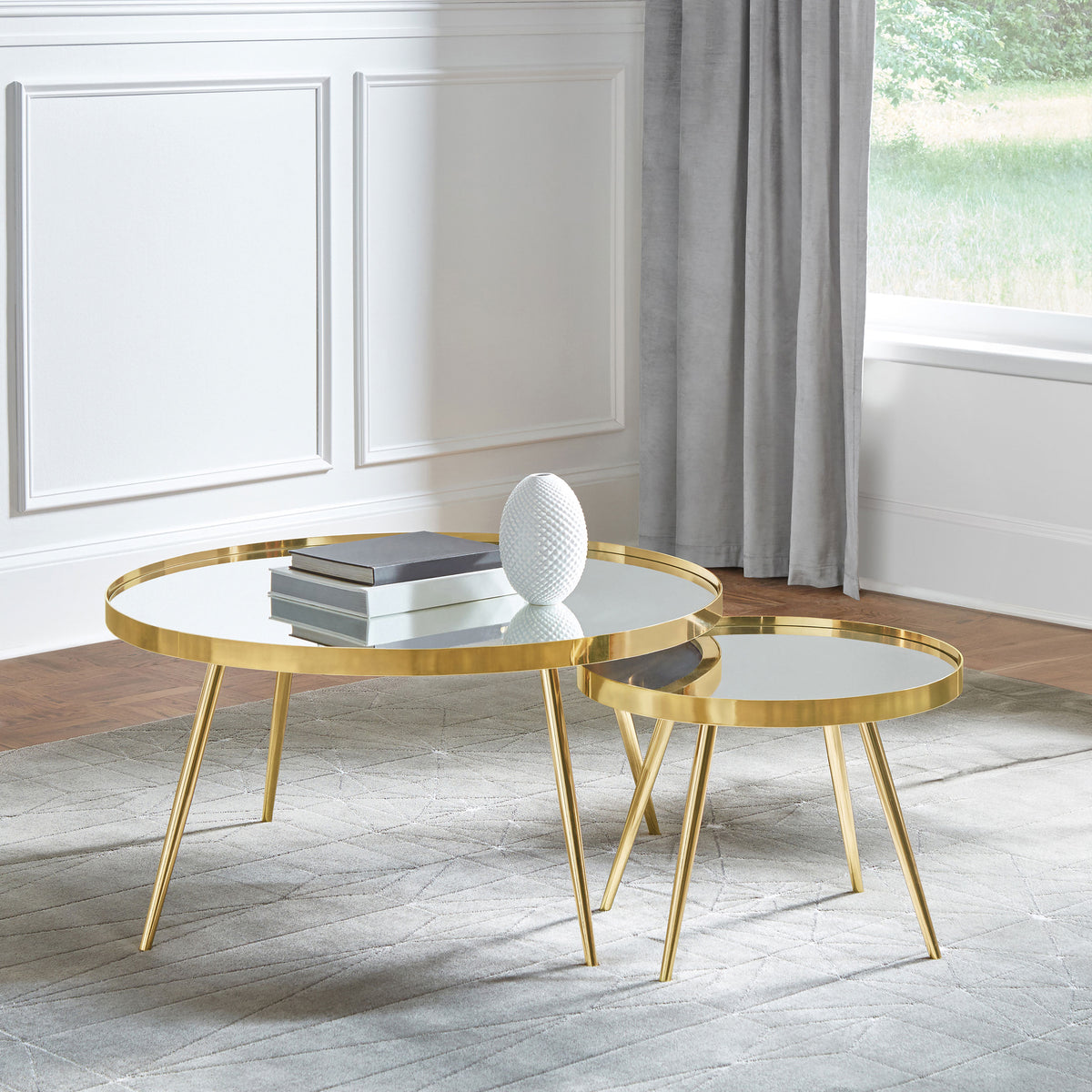 Kaelyn Round Mirror Top Nesting Coffee Table & End Table Sets - Glam Gold Metal Frame – view 1