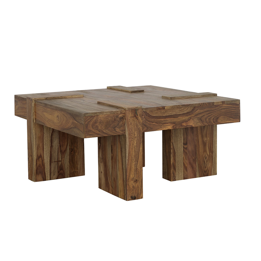 Samira 36" Square Solid Sheesham Wood Coffee Table - Natural Finish with Geometric Detailing