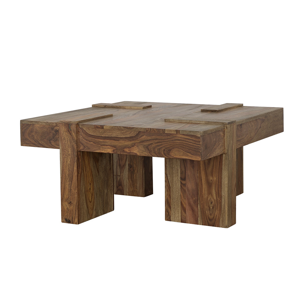 Samira 36" Square Solid Sheesham Wood Coffee Table - Natural Finish with Geometric Detailing – view 4