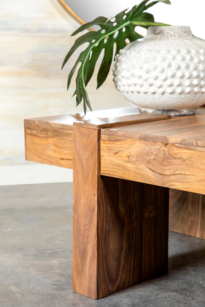 Samira 36" Square Solid Sheesham Wood Coffee Table - Natural Finish with Geometric Detailing – view 12