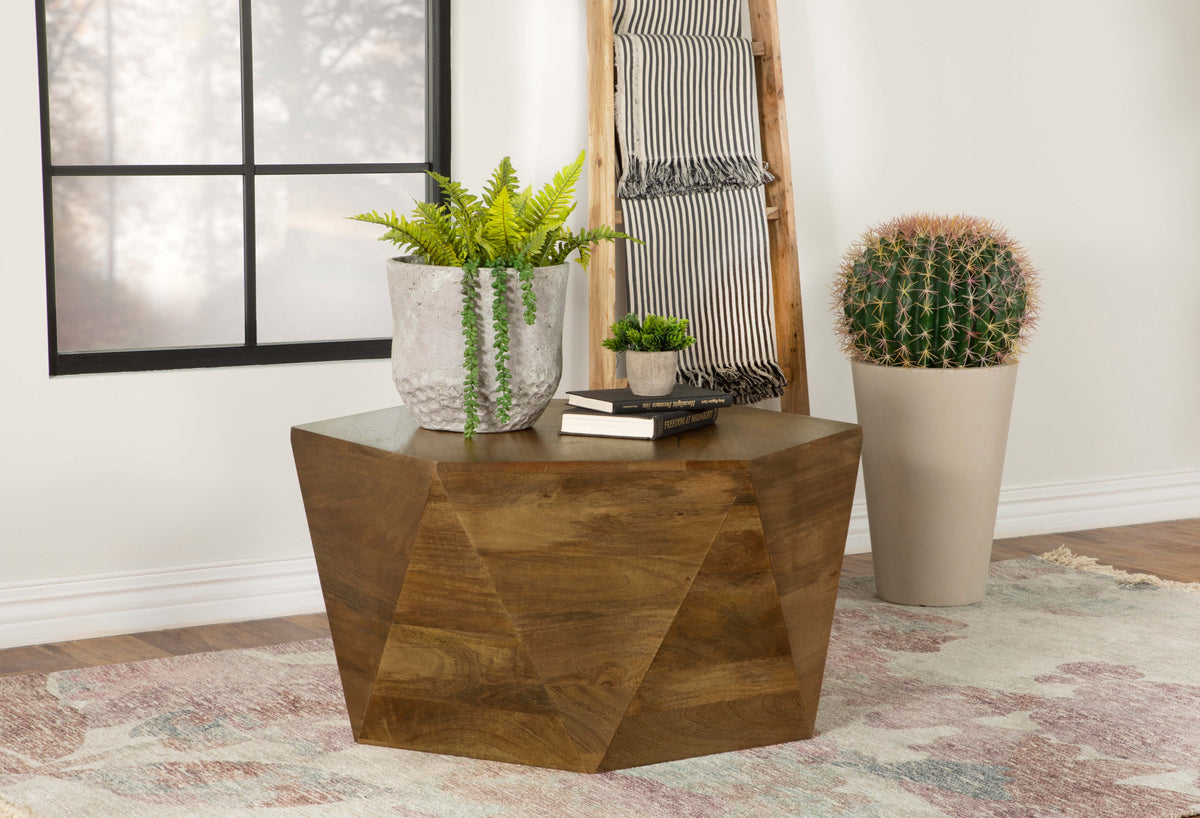 Zalika Hexagonal Solid Mango Wood Coffee Table & End Table - Faceted Natural Finish, Table Sets – view 1