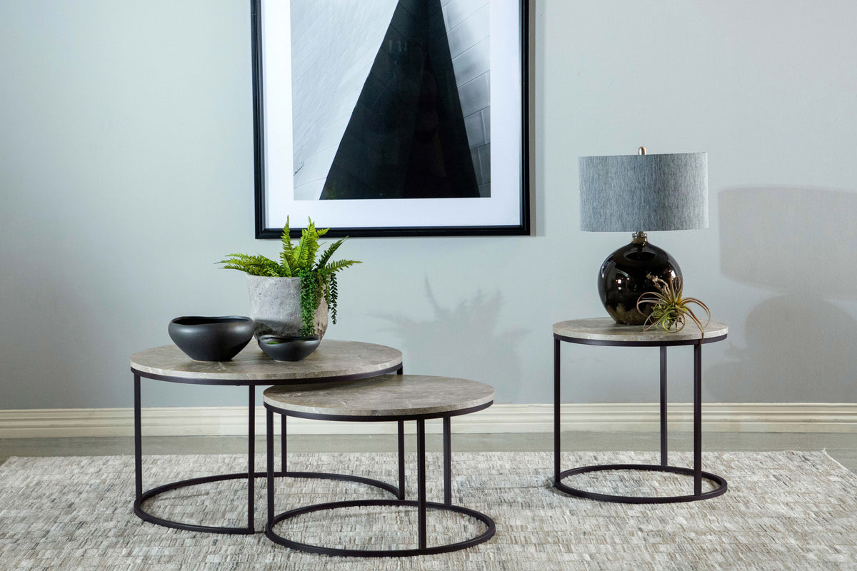 Lainey Round Nesting Coffee Tables & End Table - Grey Faux Marble on Gunmetal Frame – view 11