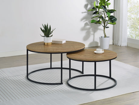 Lainey Round Nesting Coffee Tables & End Table - Mango Finish with Open Black Metal Bases – view 1