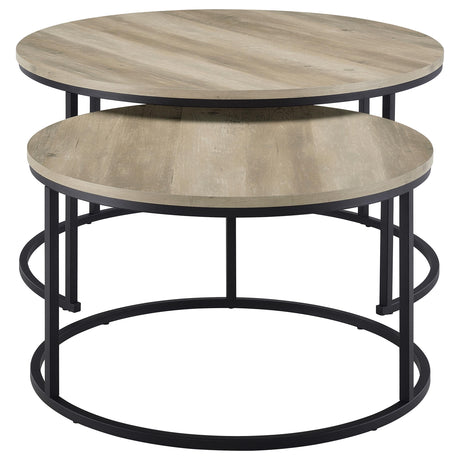 Lainey Round Nesting Coffee Tables & End Table - Distressed Pine with Black Open Metal Bases – view 5
