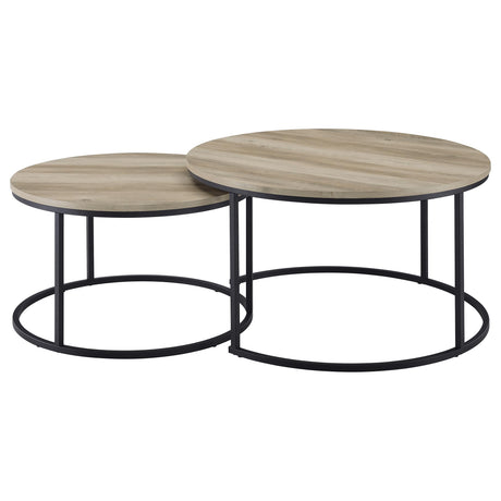 Lainey Round Nesting Coffee Tables & End Table - Distressed Pine with Black Open Metal Bases – view 7