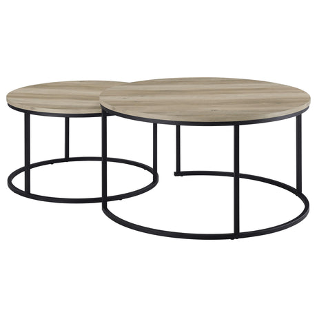 Lainey Round Nesting Coffee Tables & End Table - Distressed Pine with Black Open Metal Bases – view 8