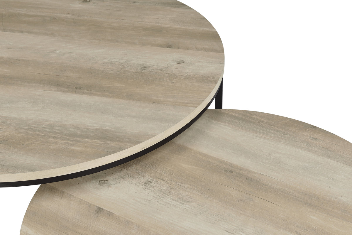 Lainey Round Nesting Coffee Tables & End Table - Distressed Pine with Black Open Metal Bases – view 11