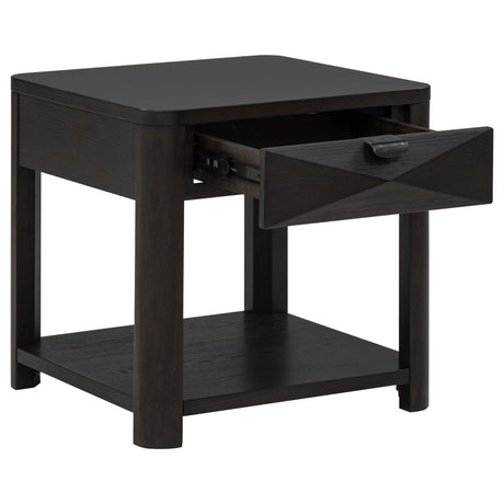 Marcelo Coffee Table, End Table, Sofa Table & 71" TV Stand - Faceted Oak Veneer in Coffee with Black Pulls – view 8