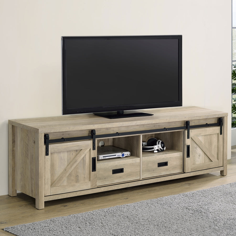 Madra 79" Sliding Barn Door TV Stand - Farmhouse Distressed Pine with Black Metal Hardware