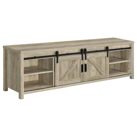 Madra 79" Sliding Barn Door TV Stand - Farmhouse Distressed Pine with Black Metal Hardware – view 4