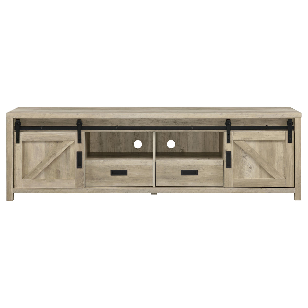 Madra 79" Sliding Barn Door TV Stand - Farmhouse Distressed Pine with Black Metal Hardware – view 5