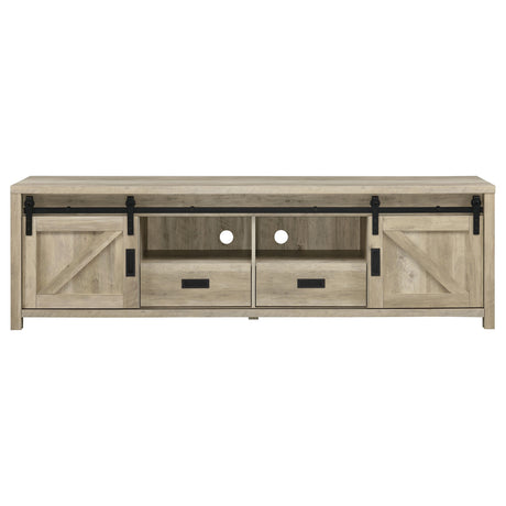 Madra 79" Sliding Barn Door TV Stand - Farmhouse Distressed Pine with Black Metal Hardware – view 5