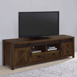 Madra 79" Farmhouse TV Stand with Sliding Barn Doors - Dark Pine with Black Hardware – view 1