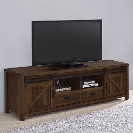 Madra 79" Farmhouse TV Stand with Sliding Barn Doors - Dark Pine with Black Hardware – view 1