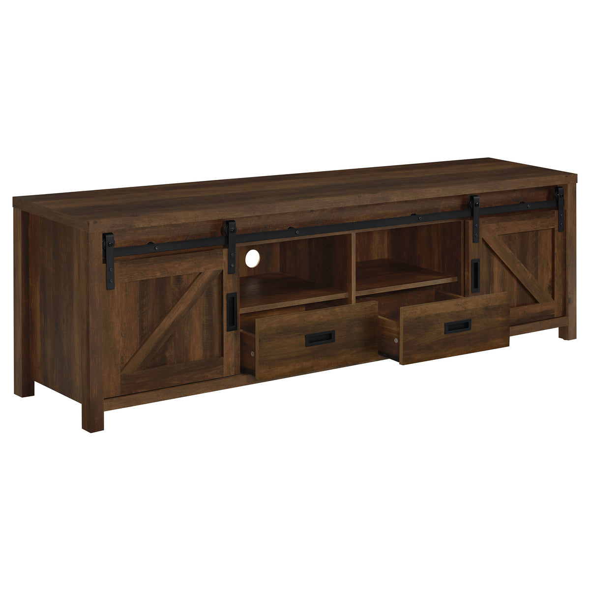 Madra 79" Farmhouse TV Stand with Sliding Barn Doors - Dark Pine with Black Hardware – view 3